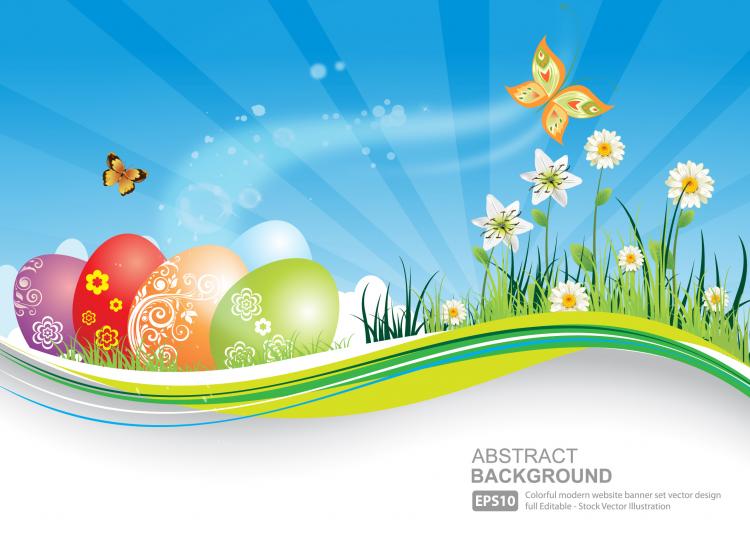 free vector Easter Natural Banner With Eggs Background Blue Butterfly